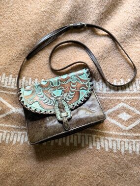 PATRICIA NASH Brown & Turquoise Tooled Leather Crossbody